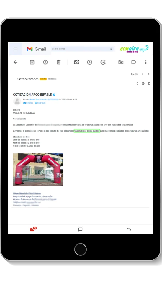 Arco inflable publicitario diseñado y fabricado para cliente